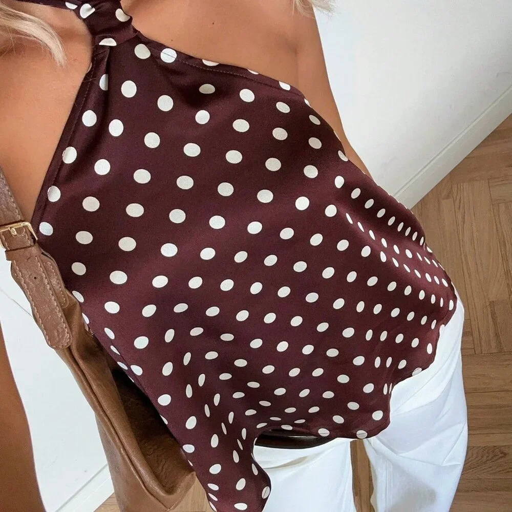 Coffee Brown Casual Women's Polka Dot Halter Blouse